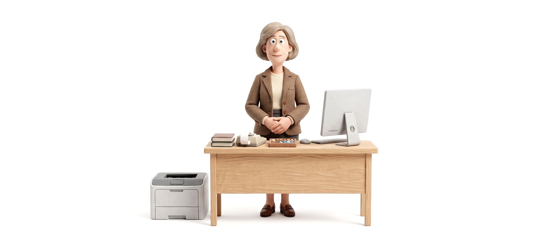Fiona at her desk with a computer, books and an adding machine