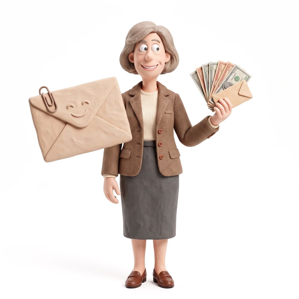 Fiona holding a smiling envelope and a handful of post